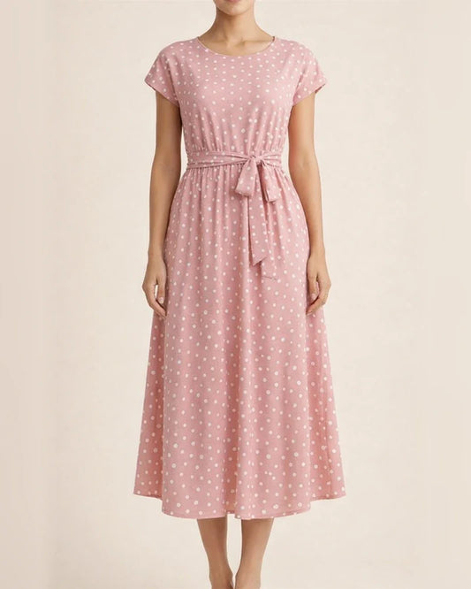Mid-length Short-sleeved Lace-up Polka Dot Pleated Dress | JRSEE:516112a5-bdc1-45fe-a06b-d3f423192bea