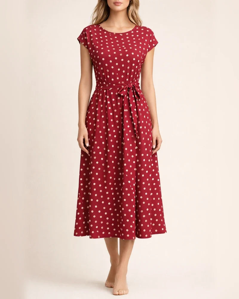 Mid-length Short-sleeved Lace-up Polka Dot Pleated Dress | JRSEE:27856db0-7631-4a53-b527-d8424df7f7d7