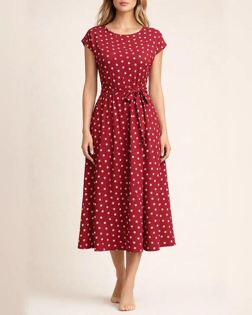 Mid-length Short-sleeved Lace-up Polka Dot Pleated Dress | JRSEE:27856db0-7631-4a53-b527-d8424df7f7d7