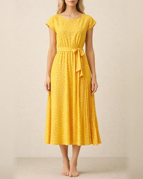 Mid-length Short-sleeved Lace-up Polka Dot Pleated Dress | JRSEE:d3a66dd4-4cb0-4102-b93c-a0315bca5a9e
