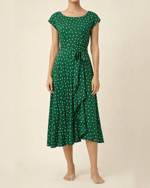 Mid-length Short-sleeved Lace-up Polka Dot Pleated Dress | JRSEE:f14dbcc6-0d47-4433-9875-35728239780e