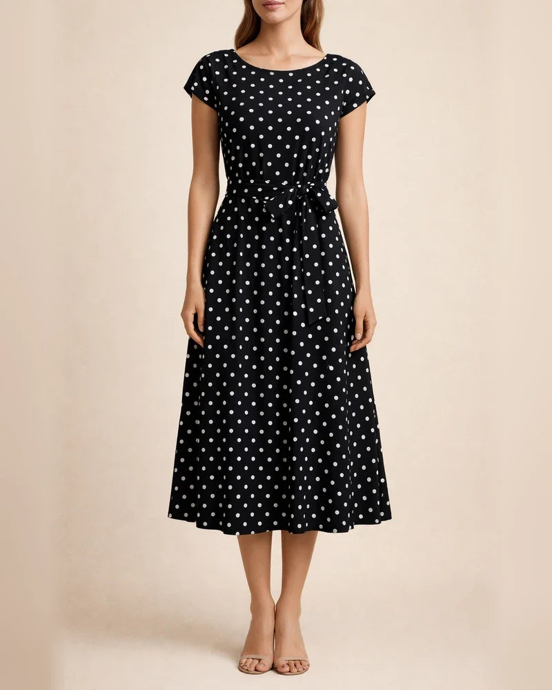 Mid-length Short-sleeved Lace-up Polka Dot Pleated Dress | JRSEE:6db03cce-76d7-4f56-b267-b5d1f8b5146f