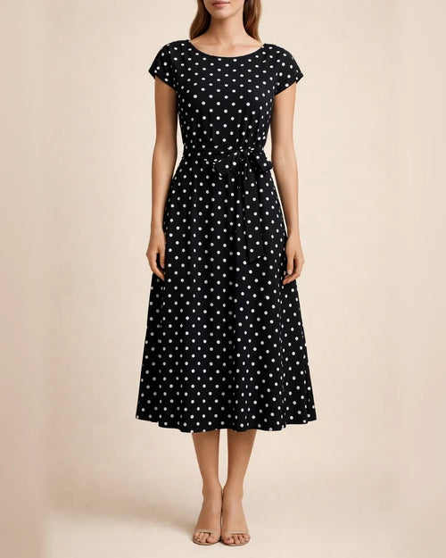 Mid-length Short-sleeved Lace-up Polka Dot Pleated Dress | JRSEE:6db03cce-76d7-4f56-b267-b5d1f8b5146f