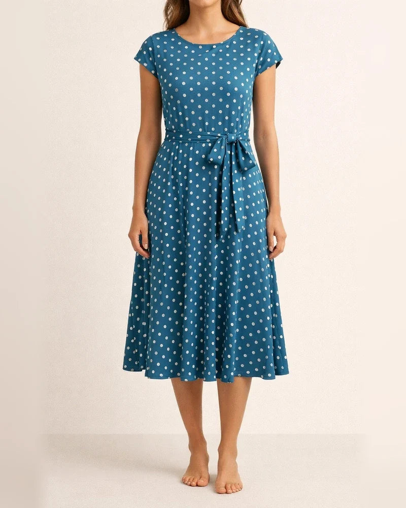 Mid-length Short-sleeved Lace-up Polka Dot Pleated Dress | JRSEE:2aee9762-d9d9-4cb2-947f-3aace6b6448f