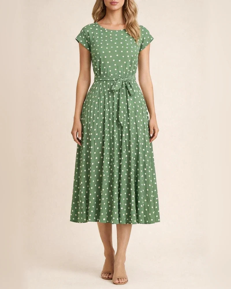 Mid-length Short-sleeved Lace-up Polka Dot Pleated Dress | JRSEE:e704dad1-363b-448f-bf86-4bde19e5b24d