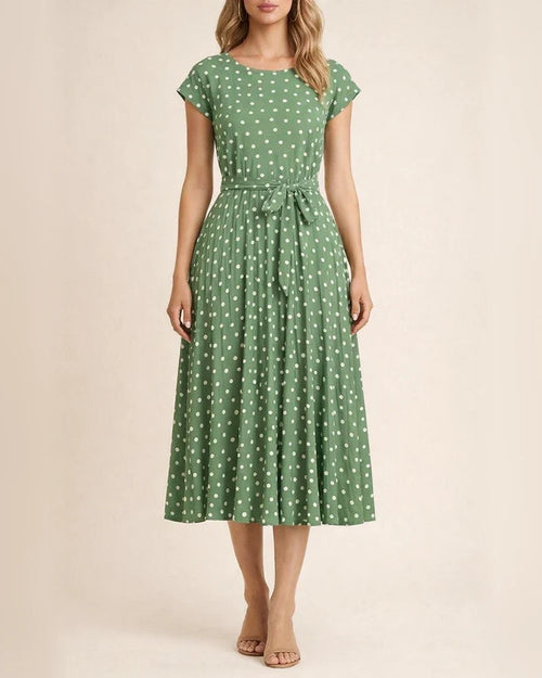 Mid-length Short-sleeved Lace-up Polka Dot Pleated Dress | JRSEE:e704dad1-363b-448f-bf86-4bde19e5b24d