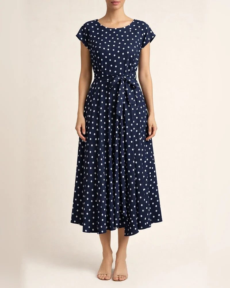 Mid-length Short-sleeved Lace-up Polka Dot Pleated Dress | JRSEE:9753956d-12bd-45ba-a826-243b3ce65a15