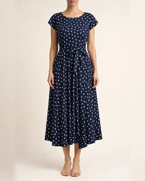 Mid-length Short-sleeved Lace-up Polka Dot Pleated Dress | JRSEE:9753956d-12bd-45ba-a826-243b3ce65a15