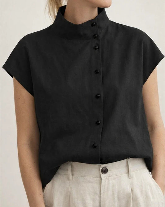 Ms. New Button Cotton Linen Stand-up Collar Casual Shirt Women Comfortable Short-sleeved Solid Color Shirt | JRSEE:8c5a8ae3-6146-4f7c-a1ea-8de1e69dd454