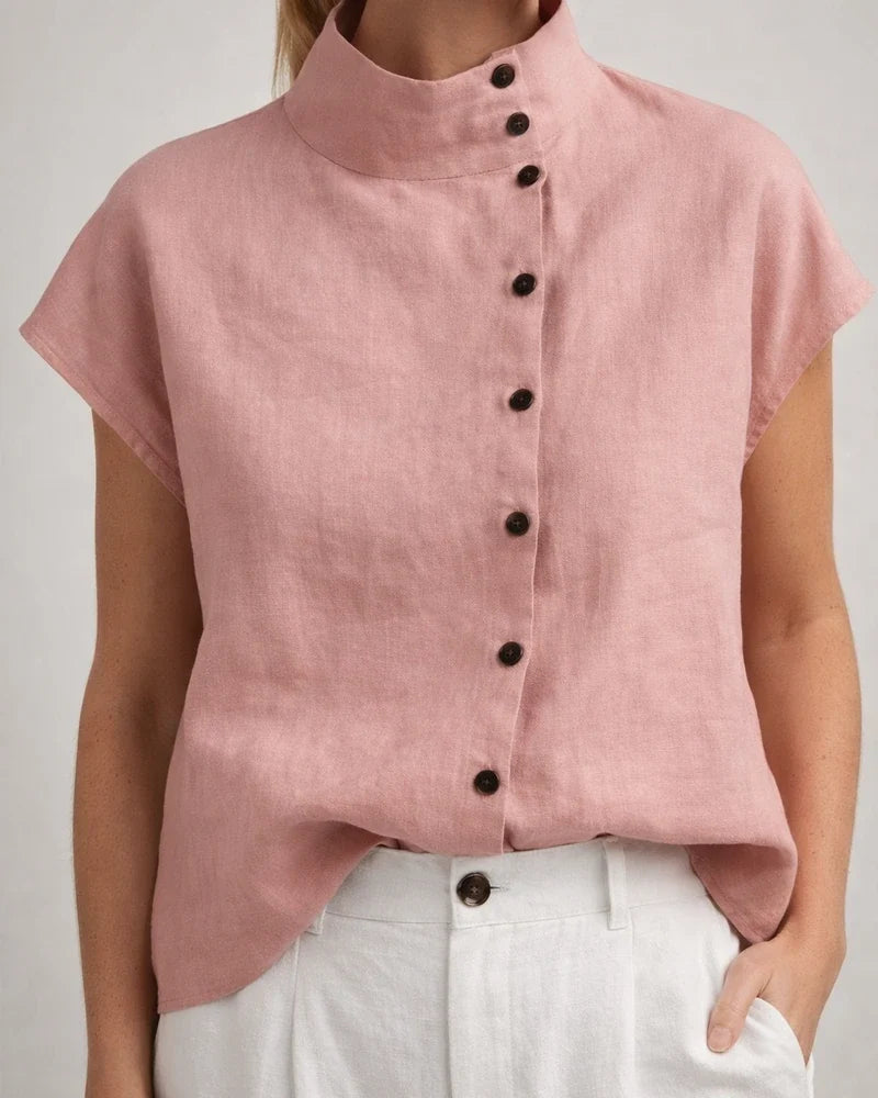 Ms. New Button Cotton Linen Stand-up Collar Casual Shirt Women Comfortable Short-sleeved Solid Color Shirt | JRSEE:0a5defff-4357-49ef-8fbe-7b12ab706451