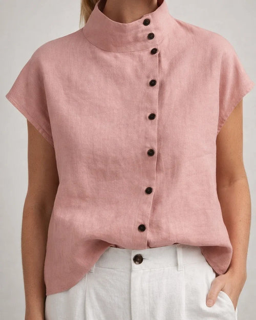 Ms. New Button Cotton Linen Stand-up Collar Casual Shirt Women Comfortable Short-sleeved Solid Color Shirt | JRSEE:0a5defff-4357-49ef-8fbe-7b12ab706451