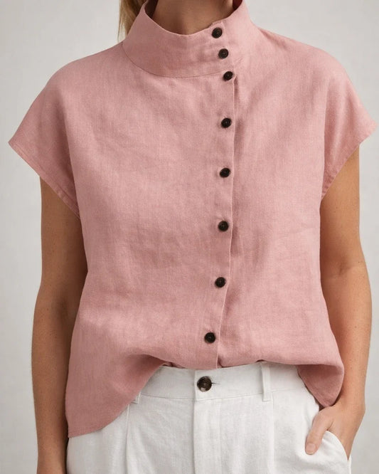Ms. New Button Cotton Linen Stand-up Collar Casual Shirt Women Comfortable Short-sleeved Solid Color Shirt | JRSEE:0a5defff-4357-49ef-8fbe-7b12ab706451