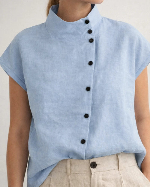 Ms. New Button Cotton Linen Stand-up Collar Casual Shirt Women Comfortable Short-sleeved Solid Color Shirt | JRSEE:44281dcf-542c-4e5c-aebb-9a3bf8d5f298