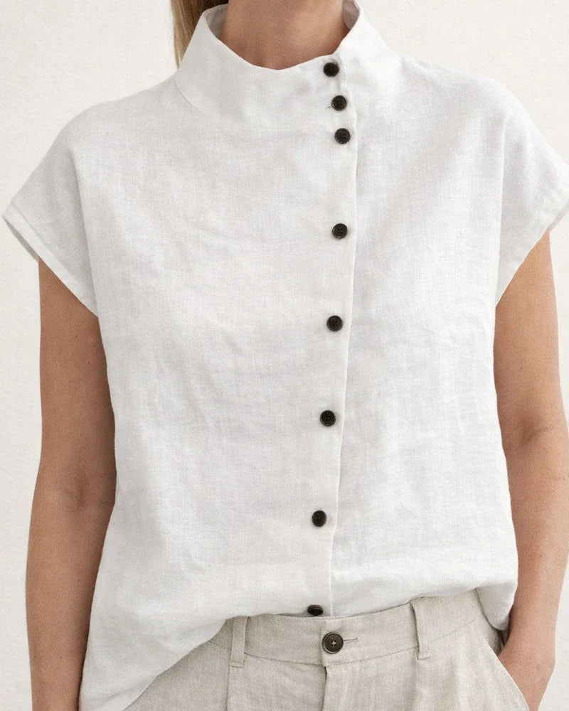 Ms. New Button Cotton Linen Stand-up Collar Casual Shirt Women Comfortable Short-sleeved Solid Color Shirt | JRSEE:38659d08-0f4d-4649-ad67-b77b51cb3be4