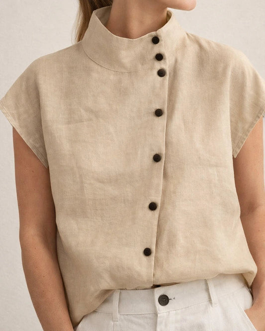Ms. New Button Cotton Linen Stand-up Collar Casual Shirt Women Comfortable Short-sleeved Solid Color Shirt | JRSEE:08f594a2-5bdf-4a46-ad4e-5c247da6d9ee