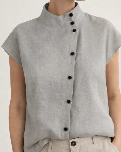 Ms. New Button Cotton Linen Stand-up Collar Casual Shirt Women Comfortable Short-sleeved Solid Color Shirt | JRSEE:3a09cc8e-a927-4102-b49d-09eb91351489
