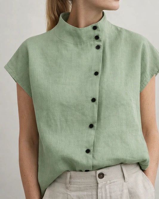 Ms. New Button Cotton Linen Stand-up Collar Casual Shirt Women Comfortable Short-sleeved Solid Color Shirt | JRSEE:f7d2e1f1-a6b6-44e7-8404-06ca74a86ca7