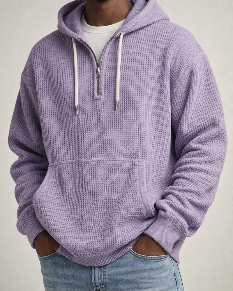 New Arrival Waffle Weave Long Sleeve Hooded Sweatshirt for Men - Solid Color Loose-Fit Athletic Sweatshirt | JRSEE:b8133354-d35d-4618-97e9-db42ddae99d4