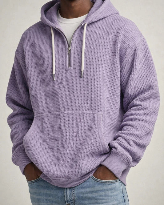 New Arrival Waffle Weave Long Sleeve Hooded Sweatshirt for Men - Solid Color Loose-Fit Athletic Sweatshirt | JRSEE:b8133354-d35d-4618-97e9-db42ddae99d4
