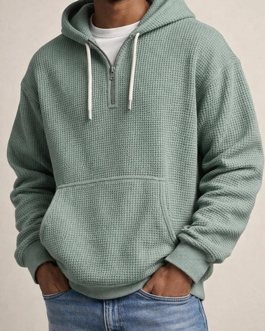 New Arrival Waffle Weave Long Sleeve Hooded Sweatshirt for Men - Solid Color Loose-Fit Athletic Sweatshirt | JRSEE:8643385e-a92a-4fe0-af0d-0fe910275d37