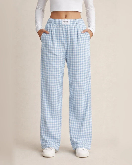 New Arrival Women's 100% Cotton Checkered Casual Loose-Fit Long Pants | JRSEE:009490d3-41cf-4c90-b7e5-d7c3eb2eea08