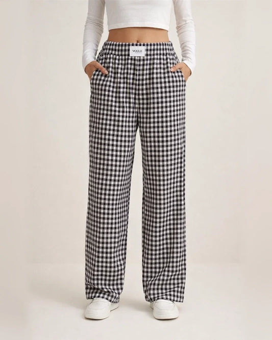 New Arrival Women's 100% Cotton Checkered Casual Loose-Fit Long Pants | JRSEE:589d487f-10b3-4248-93b7-b33944e3a2c9