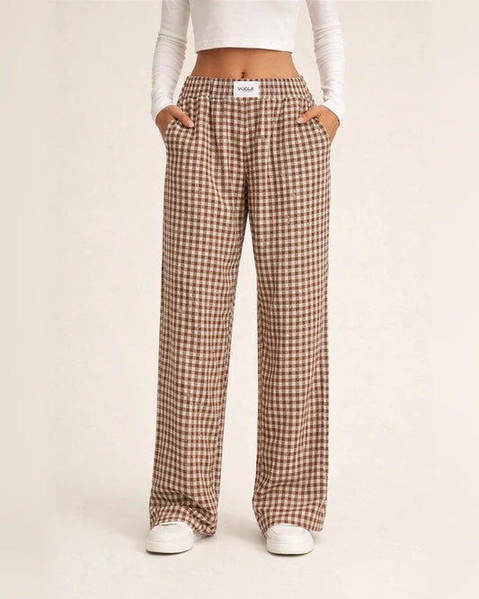 New Arrival Women's 100% Cotton Checkered Casual Loose-Fit Long Pants | JRSEE:a5736410-e528-4ebe-bf97-cd2a88caead2