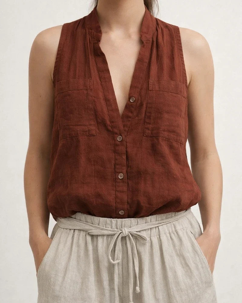 New Arrival Women's Casual and Fashionable Sleeveless Cotton-Linen Solid-Color V-Neck Tank Top | JRSEE:6a0e8df1-1672-4298-b411-b1927c4d9f9a