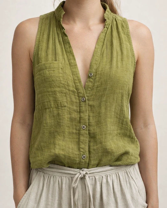 New Arrival Women's Casual and Fashionable Sleeveless Cotton-Linen Solid-Color V-Neck Tank Top | JRSEE:850f01a0-b6f1-48d2-ad73-1b1d1fbdeeab
