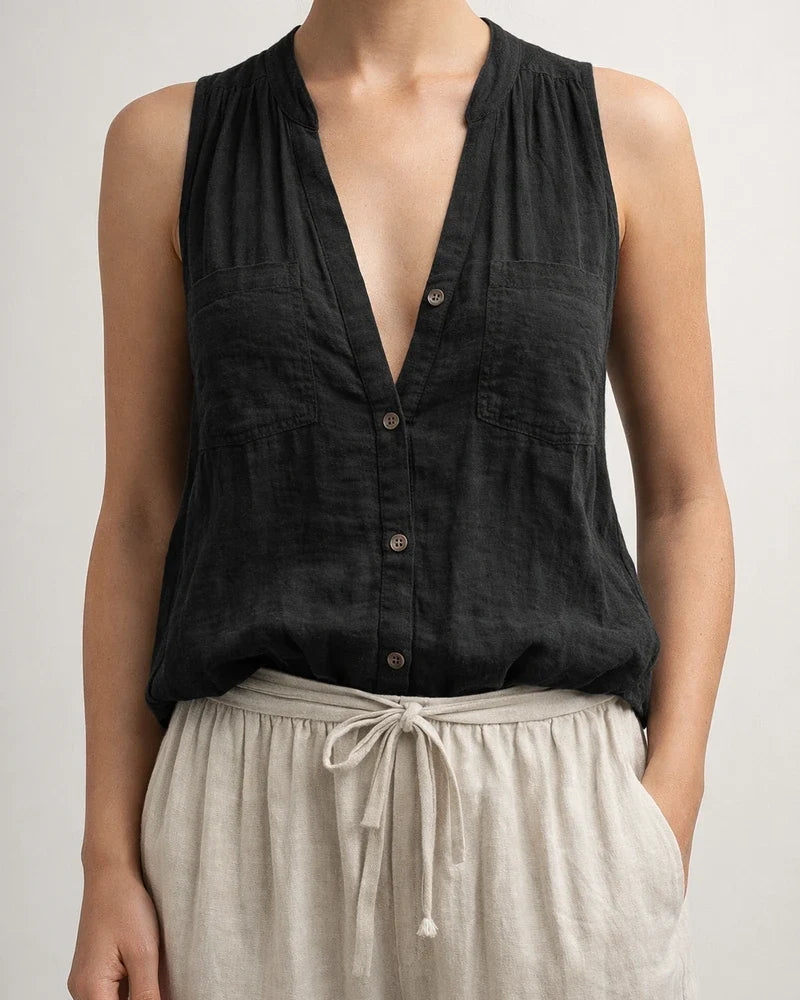 New Arrival Women's Casual and Fashionable Sleeveless Cotton-Linen Solid-Color V-Neck Tank Top | JRSEE:cd32962c-ce8b-4428-9d8c-56bd7a16acc3