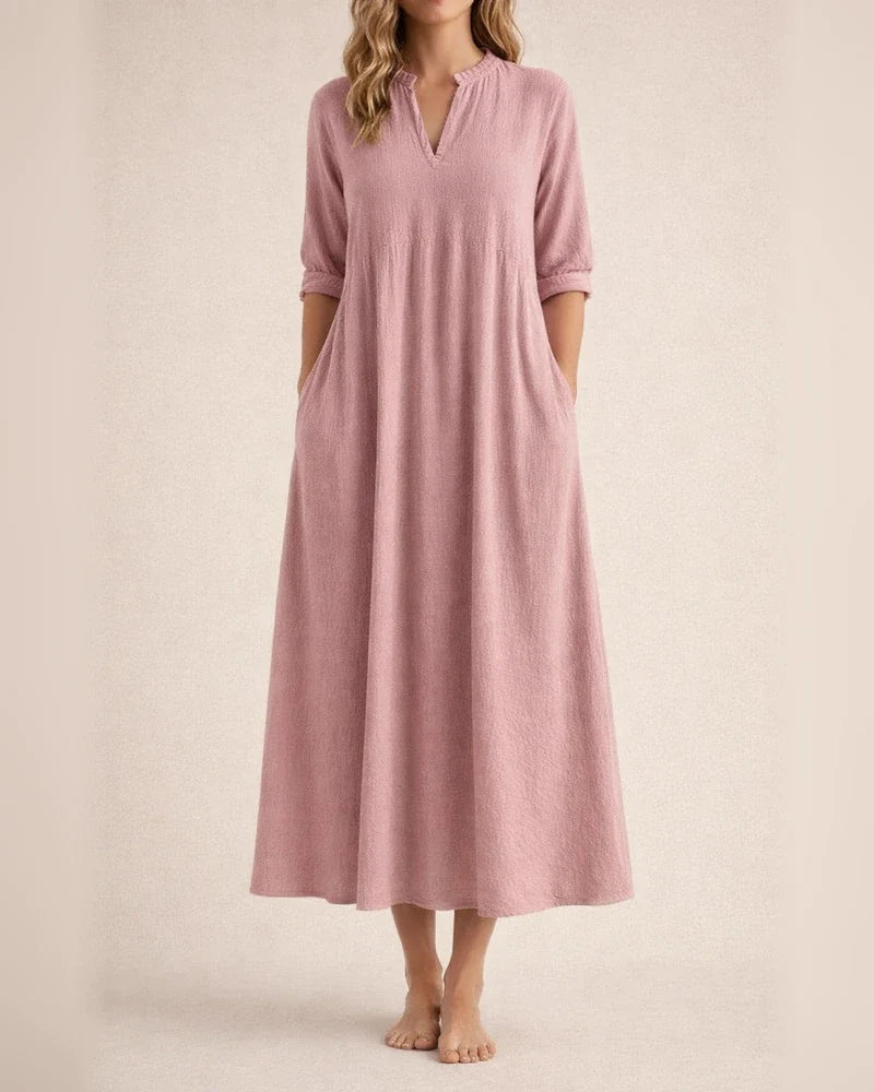 New Arrival Women's Casual Loose-Fitting Fashionable Retro-Style Cotton-Linen Blend Three-Quarter Sleeve V-Neck Dress | JRSEE:3264b64c-831a-4d88-b2d4-3b23bdbbebe7 | JRSEE:d4b5093d-3743-4005-8e1a-0e78a2432c51