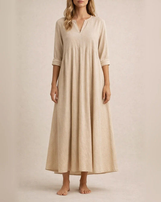 New Arrival Women's Casual Loose-Fitting Fashionable Retro-Style Cotton-Linen Blend Three-Quarter Sleeve V-Neck Dress | JRSEE:57da4022-0565-45d6-b8a7-3e80495151ee | JRSEE:b5ac6609-b115-4cce-a492-21de8a626a69