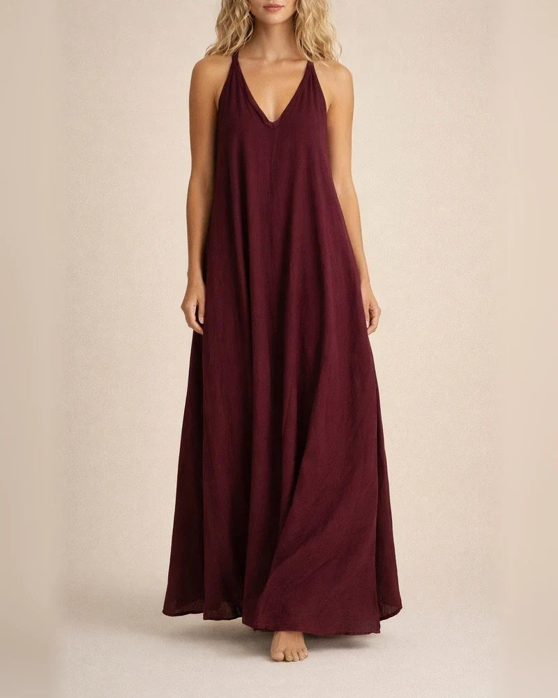 New Arrival Women's Casual Sleeveless Loose-Fit Cotton-Linen Maxi V-Neck Dress | JRSEE:0e2206dc-04d0-4280-85fe-e83867281a05