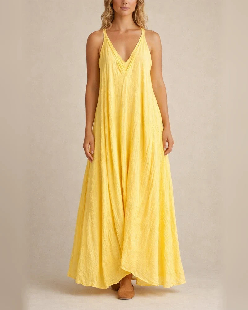 New Arrival Women's Casual Sleeveless Loose-Fit Cotton-Linen Maxi V-Neck Dress | JRSEE:215a651e-d4b6-4d4b-819f-606940c07ca5