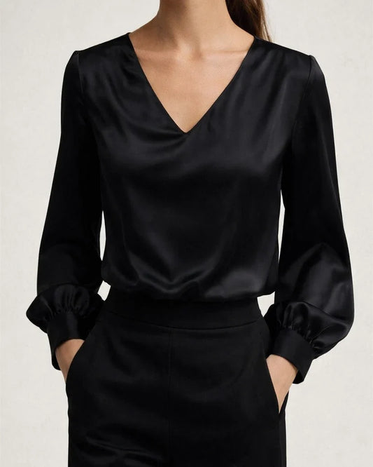 New Arrival Women's French Elegance Puff Sleeve V-Neck Satin Long-Sleeve Shirt | JRSEE:0171dae7-f679-4aa0-a79d-5eda169d7a29
