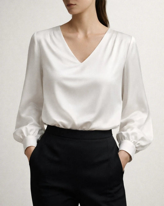 New Arrival Women's French Elegance Puff Sleeve V-Neck Satin Long-Sleeve Shirt | JRSEE:c727d68d-69b3-4eea-b1ff-2e23d81ab6d0