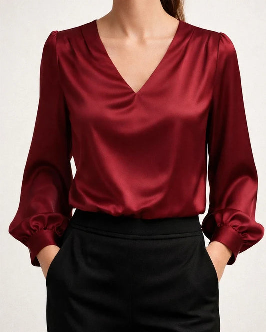 New Arrival Women's French Elegance Puff Sleeve V-Neck Satin Long-Sleeve Shirt | JRSEE:4894e4f9-64f5-4909-94aa-0cde75bed9fc