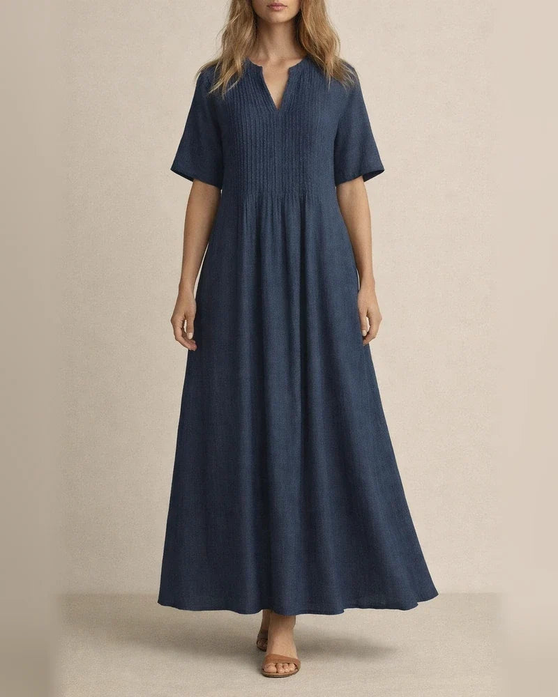 New Arrival Women's Long Casual Loose-Fit V-Neck Short-Sleeve Pleated Cotton-Linen Dress | JRSEE:7261ec0eba | JRSEE:d174ddcc-5443-4d0a-a3a2-24ad6073d67c