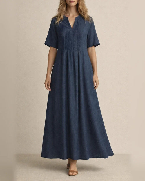 New Arrival Women's Long Casual Loose-Fit V-Neck Short-Sleeve Pleated Cotton-Linen Dress | JRSEE:7261ec0eba | JRSEE:d174ddcc-5443-4d0a-a3a2-24ad6073d67c