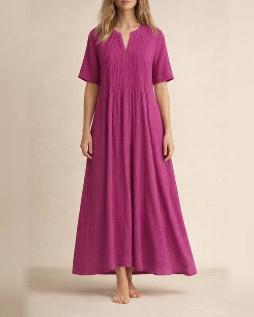 New Arrival Women's Long Casual Loose-Fit V-Neck Short-Sleeve Pleated Cotton-Linen Dress | JRSEE:fa00fb3441 | JRSEE:f0b19541-4a0e-45d4-8dfd-56f2c30e8537