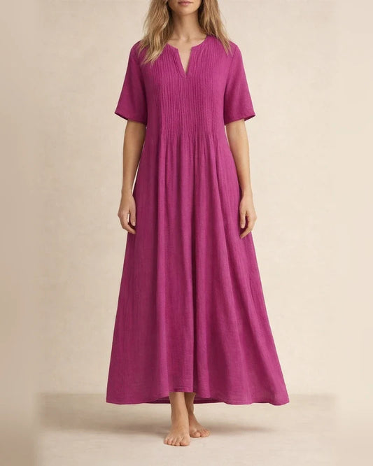 New Arrival Women's Long Casual Loose-Fit V-Neck Short-Sleeve Pleated Cotton-Linen Dress | JRSEE:fa00fb3441 | JRSEE:f0b19541-4a0e-45d4-8dfd-56f2c30e8537