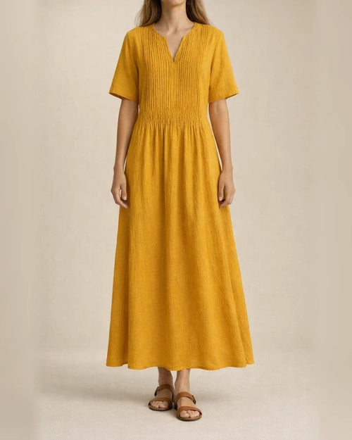 New Arrival Women's Long Casual Loose-Fit V-Neck Short-Sleeve Pleated Cotton-Linen Dress | JRSEE:54ca83843d | JRSEE:0a68291e-48f7-4df7-b002-9e26d70e4124