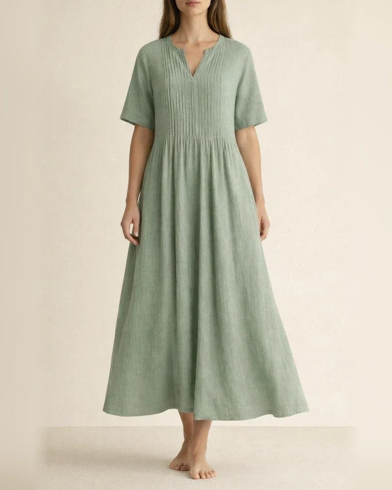 New Arrival Women's Long Casual Loose-Fit V-Neck Short-Sleeve Pleated Cotton-Linen Dress | JRSEE:253a29f0fc | JRSEE:a80e46d3-f435-4930-bc05-9c3e1ef19604