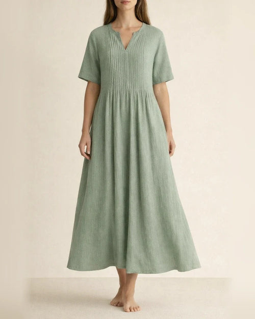 New Arrival Women's Long Casual Loose-Fit V-Neck Short-Sleeve Pleated Cotton-Linen Dress | JRSEE:253a29f0fc | JRSEE:a80e46d3-f435-4930-bc05-9c3e1ef19604