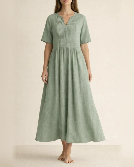 New Arrival Women's Long Casual Loose-Fit V-Neck Short-Sleeve Pleated Cotton-Linen Dress | JRSEE:253a29f0fc | JRSEE:a80e46d3-f435-4930-bc05-9c3e1ef19604