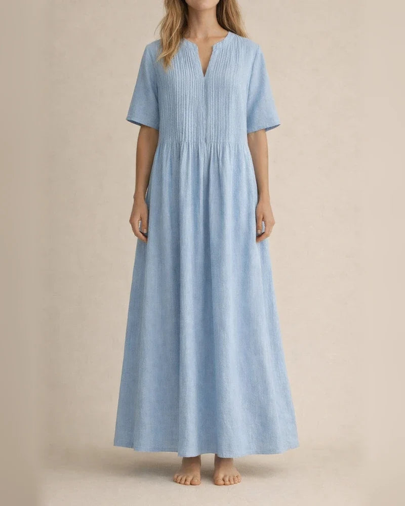 New Arrival Women's Long Casual Loose-Fit V-Neck Short-Sleeve Pleated Cotton-Linen Dress | JRSEE:3581186430 | JRSEE:c22e5a99-7bb5-423b-9dad-237c180f4480
