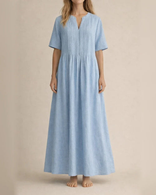 New Arrival Women's Long Casual Loose-Fit V-Neck Short-Sleeve Pleated Cotton-Linen Dress | JRSEE:3581186430 | JRSEE:c22e5a99-7bb5-423b-9dad-237c180f4480