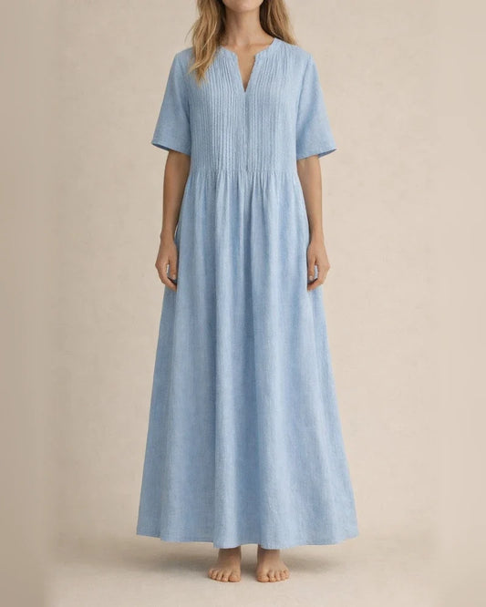 New Arrival Women's Long Casual Loose-Fit V-Neck Short-Sleeve Pleated Cotton-Linen Dress | JRSEE:3581186430 | JRSEE:c22e5a99-7bb5-423b-9dad-237c180f4480