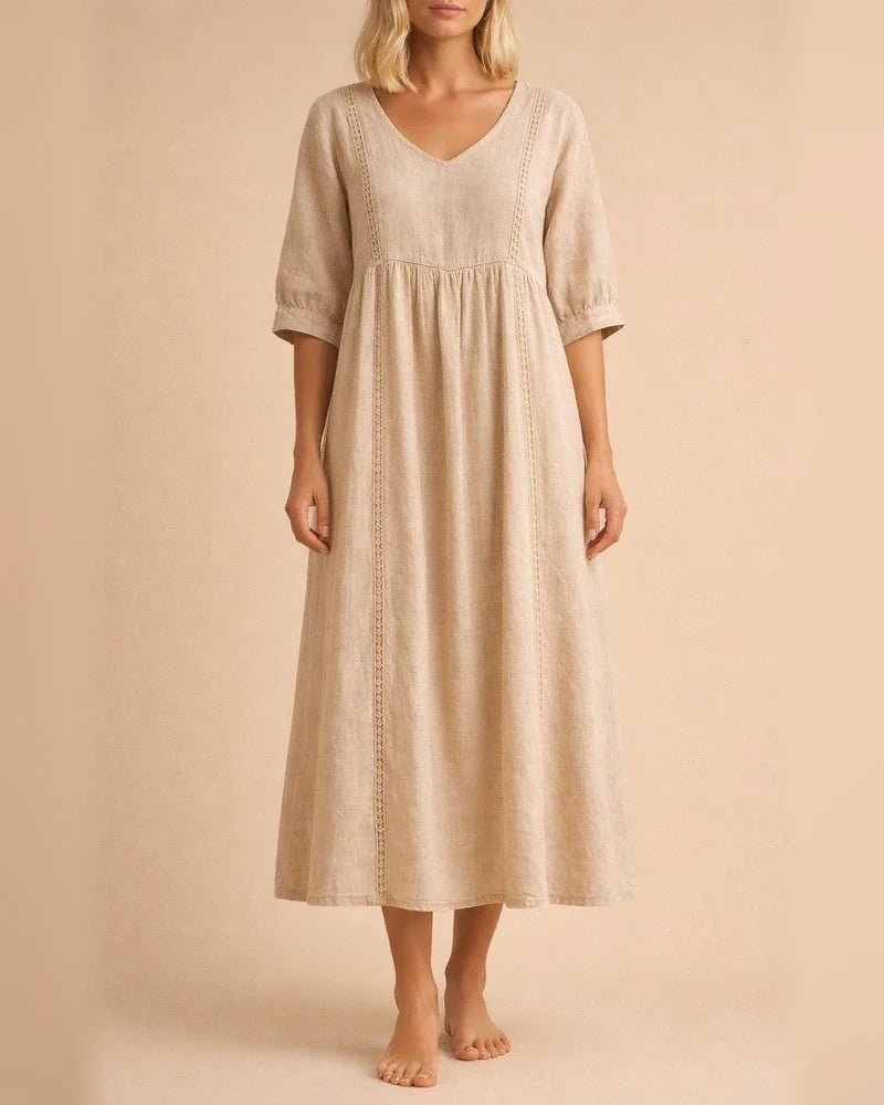 New Arrival Women's Loose-Fit V-Neck Patchwork Lace-Trimmed Linen-Cotton Dress | JRSEE:397b47f2-43db-45fc-8532-8b2a9fe4ba6b