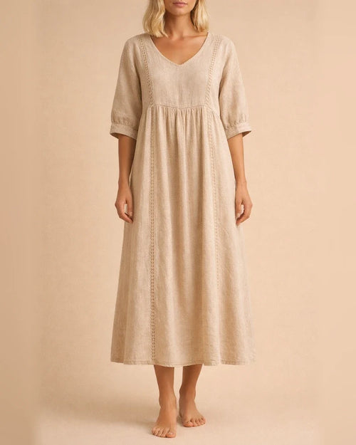 New Arrival Women's Loose-Fit V-Neck Patchwork Lace-Trimmed Linen-Cotton Dress | JRSEE:397b47f2-43db-45fc-8532-8b2a9fe4ba6b